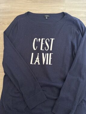 Talbots Navy Sweater with White 'C'EST LA VIE' Graphic